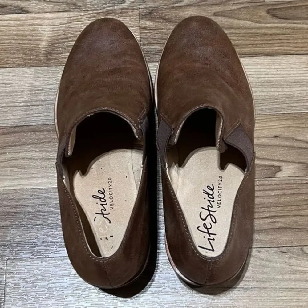 Life Stride Zora Wedge Slip on Faux Leather Upper Round Toe Brown Black Size 10W